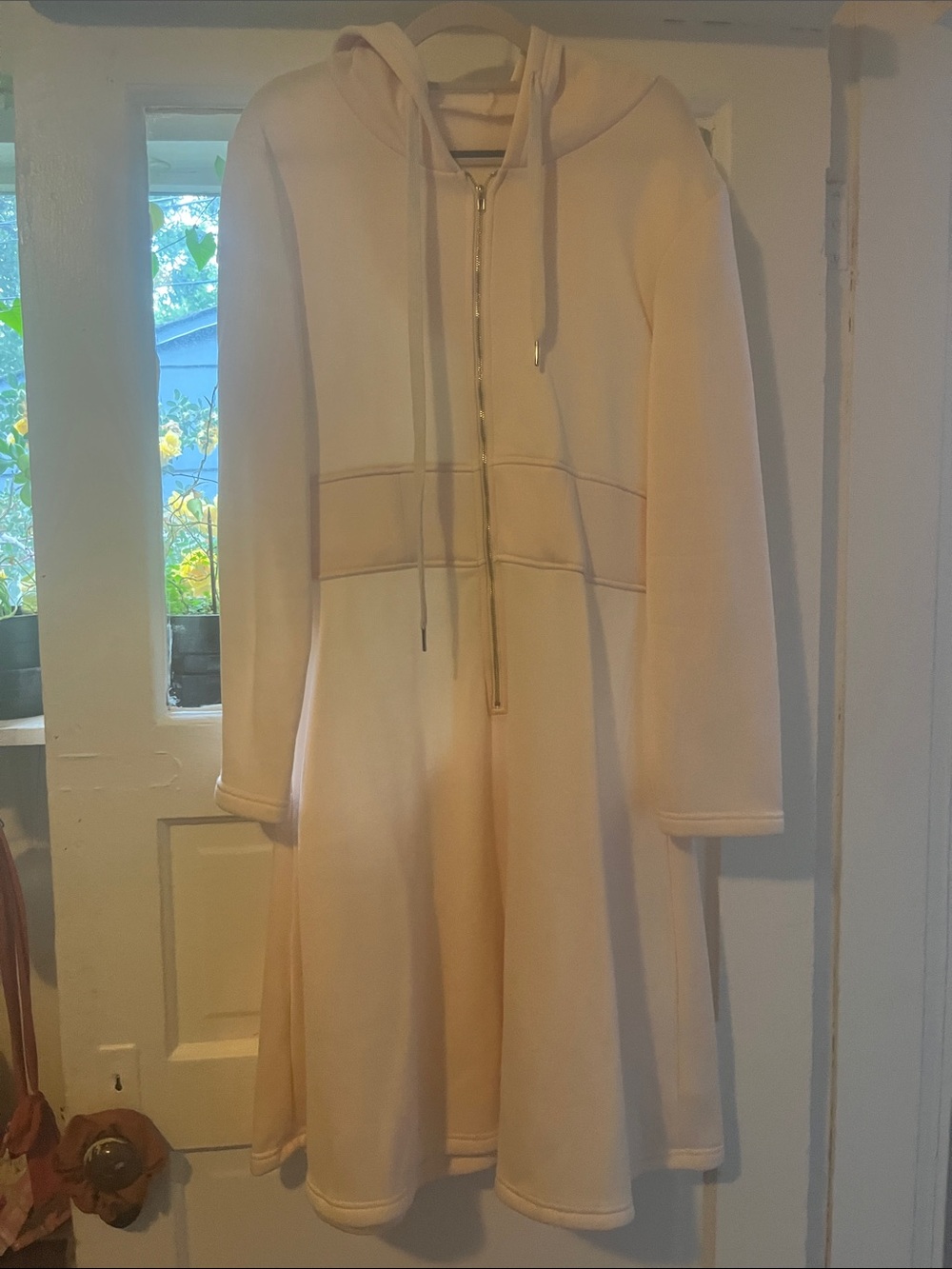 Cream Hooded Zip-Up A-Line Dress